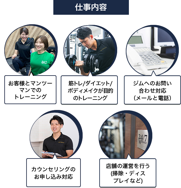 ＜仕事内容＞【お客様とマンツーマンでのトレーニング】【筋トレ／ダイエット／ボディメイクが目的のトレーニング】【ジムへのお問い合わせ対応（メールと電話）】【カウンセリングのお申込み対応】【店舗の運営を行う（掃除・ディスプレイなど）】