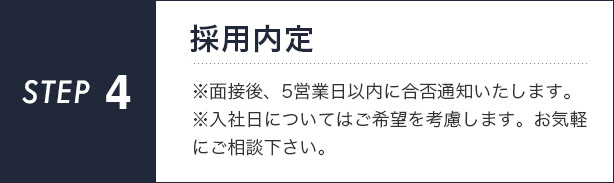 【STEP4】採用内定　※面接後、5営業日以内に合否通知いたします。※入社日についてはご希望を考慮します。お気軽にご相談下さい。
